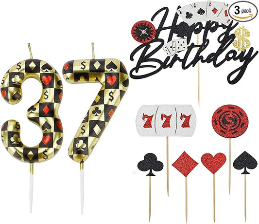 Casino Birthday Number Candles for Cake, Poker Birthday Candles for Casino Themed Birthday Party Decoration, Glitter Casino Birthday Cake Topper for Casino Night Theme Birthday Cake(Number 37 & 73)