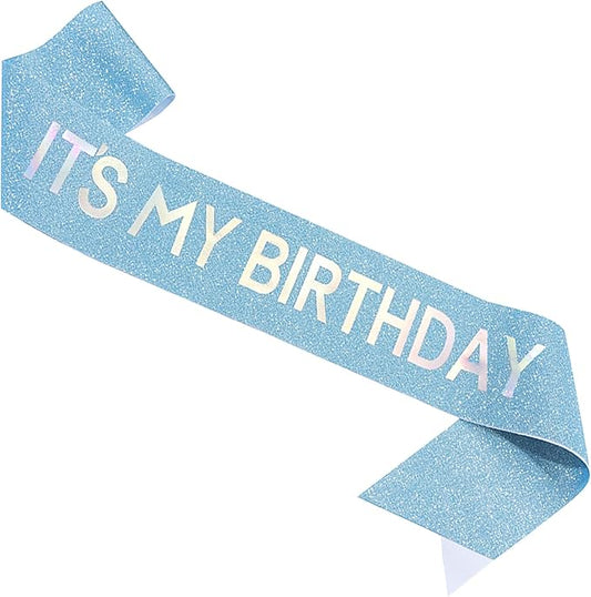 Birthday Gift for Girl,'It's My Birthday' Sash for Girl,Silver Iridescence Foil Light Blue Glitter Satin Sashs for Women Queen,Happy Birthdays Sash for Sweet 16,18,21,30,40,50 or Any Other Bday