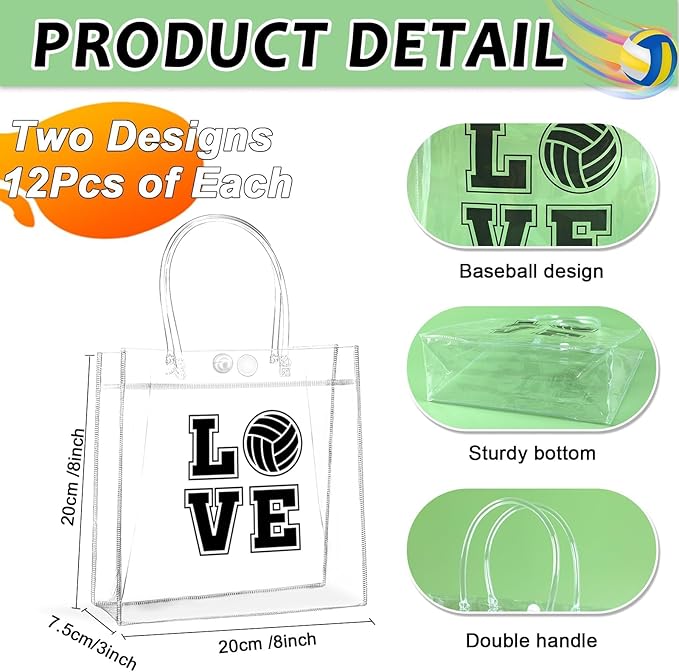 Lonfliness 24Pcs Volleyball Clear PVC Gift Bags With Handles Bulk Sport Theme Goodie Treat Candy Bags Team Present Wrap Bags for Boys Birthday Party Favor Baby Shower Decorations Supplies 8 x 8 x 3in