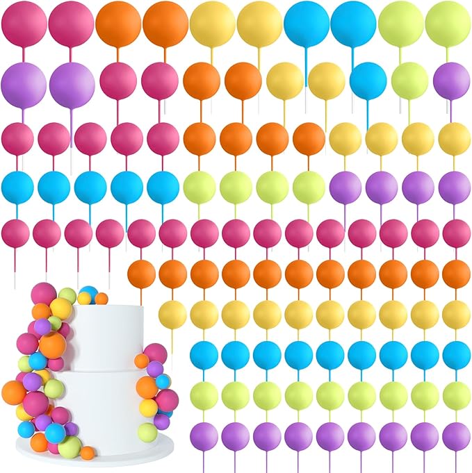 138 Pcs Balls Cake Topper Decorations Balloon Cupcake Toppers Foam Multisize Cake Topper Balls for Birthday Party Wedding Anniversary(Yellow,Blue,Rose,Green,Purple)