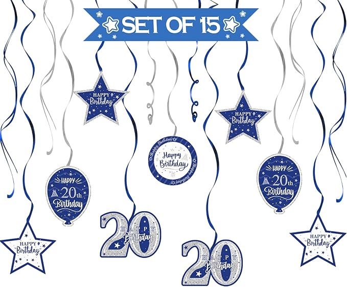 Happy 20th Birthday Blue & Silver Glitter Swirls Streamers Party Decorations - 15 Pcs 20th Birthday Hanging Swirls Streamers Kit,Cheers to Twenty Years Old Bday Party Sign.