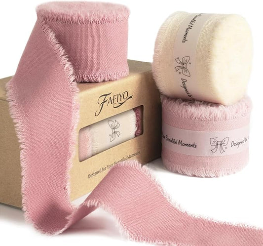 Pink & Ivory Cotton Ribbon 1-1/2 Inch Dusty Pink, Soft Pink & Cream 3 Rolls 21 Yards Frayed Edge Fabric Set for Rustic Wedding Decor, Engagement Party, Bridal Bouquet Wrap & Gift Wrapping