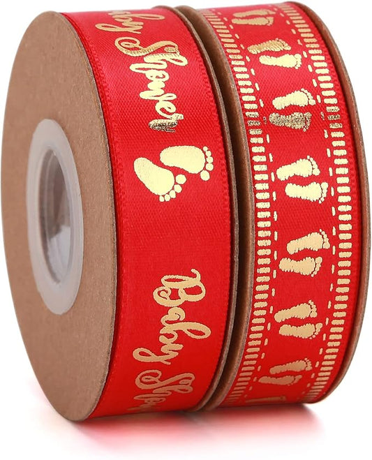 Meseey 20 Yards Baby Ribbon Foot Print Red and Gold Ribbons for Crafts Cake Baby Shower Birthday,Gift Wrapping, Party Decoration (red)