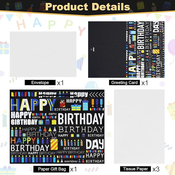 Oletx 13" Black Letter Party Gift Bags Happy Birthday Gift Paper Bag with Tissue Paper Greeting Card for Father's Day,Men's Birthday Party