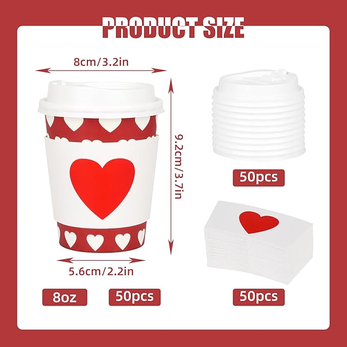 AimFun 50Pcs Halloween Ghost Disposable Coffee Cups with Lids and Sleeves 8oz Ghost Spooky Paper Party Cups Black White Boo Cold Hot Drinking Cups for Birthday Halloween Party Supplies (Hearts)