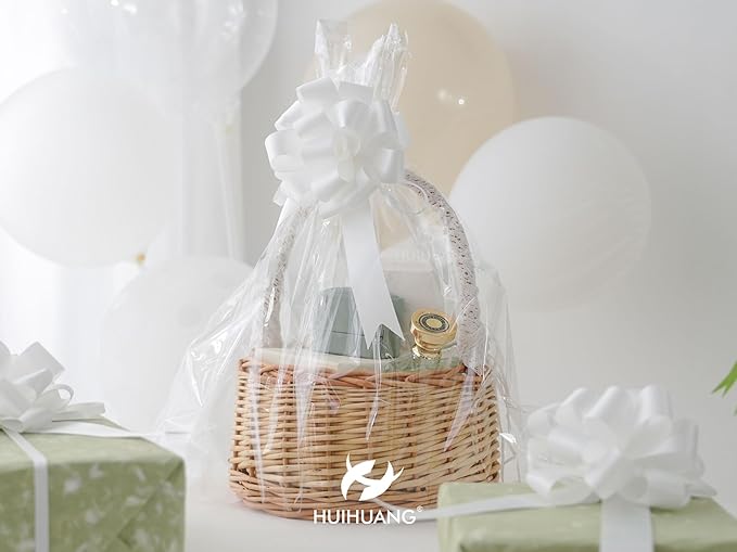 HUIHUANG White Pull Bows 12 PCS Christmas Gift Bows 4" x 8" White Satin Present Bow for Gift Wrapping, Gift Basket, Paper Bag, Wrapping Accessories, Wreaths, Wedding Christmas Decor