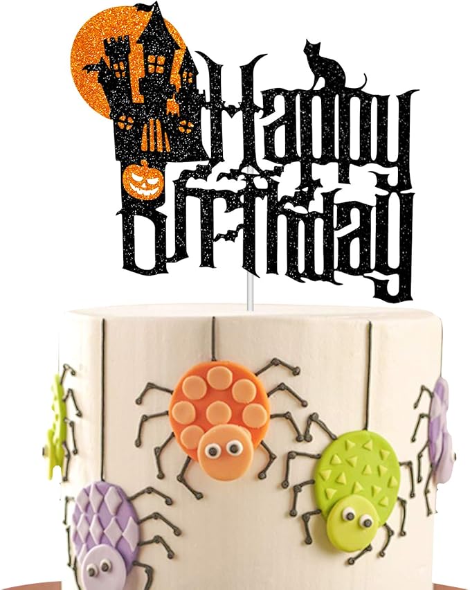 Halloween Birthday Cartoon Cake Topper with Spooky Haunted House Black Glitter Cake Decorations for Halloween Scary Theme Party Decor Supplies