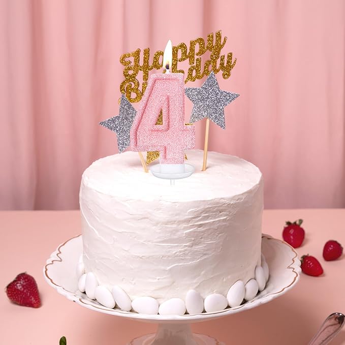 Cute Number 4 Birthday Candle, Glitter Pink Number Candles, Birthday Cake Topper Decoration, Party Supplies Anniversary Celebrations