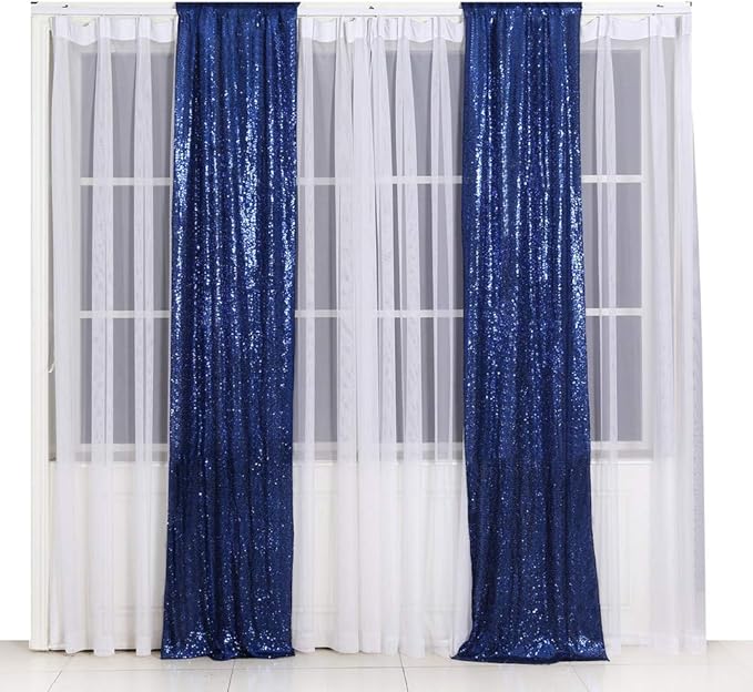 SquarePie 2 PCS 2x8ft Navy Blue Sequin Backdrop Curtains, Satin-Backed Shimmering Photo Booth Background, 2 Panels Narrow Real Sequin Drapes with 4" Rod Pocket for Party, Baby Shower, Doorway Decor