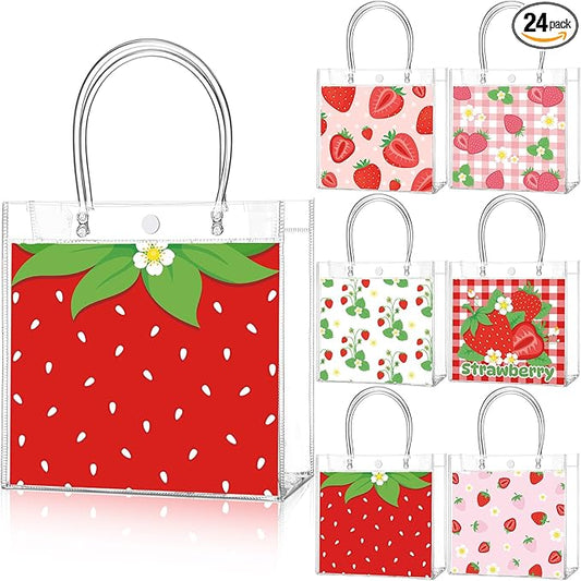 Teenyyou 24 Pcs Strawberry Party Favor Bags Clear PVC Goodie Treat Tote Gift Bags with Handles Strawberry Theme Birthday Party Supplies