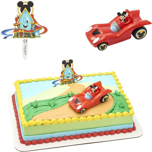 DecoSet Disney Mickey Mouse Funhouse Sweet Adventures, 2-Piece Topper Set with Waving Mickey In Car and Pic To Set The Scene, For Birthday, Party, Celebration
