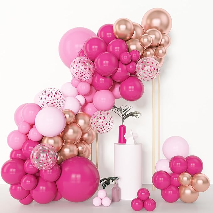 Amandir 153pcs Pink Balloon Garland Arch Kit, Different Sizes 18 12 10 5 inch Hot Pink Latex Metallic Confetti Rose Gold Balloons for Mothers Birthday Baby Shower Wedding Party Decorations