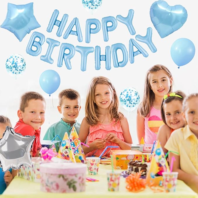 CANREVEL Happy Birthday Balloons Banner 16 Inch Mylar Foil Letters with Star & Heart Balloons Birthday Party Decorations for Men and Women - 30 Pcs Light Blue