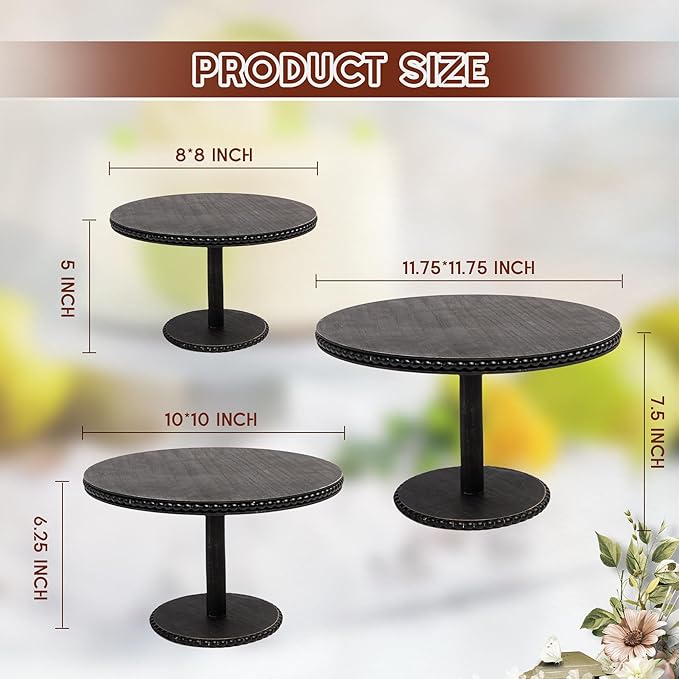 GENMOUS 8", 10", 12" Rustic Farmhouse Cake Stand, Decorative Wooden Beaded Cake and Cupcake Stand Combo for Birthday Party Decor, 3 Tiered Dessert Table Display Set for Wedding, Baby Shower, Black