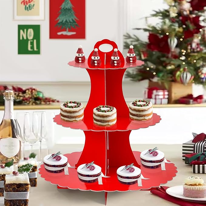 Soleebee 3-Tier Cupcake Stand, Cardboard Cupcake Tower, Dessert Cup Cake Stand Tower for Birthday Wedding Party Decoration, Cupcake Tier Stand 1 Set (Red)