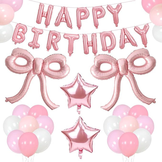 YTHETM Bow Party Decorations Pink Happy Birthday Balloons Banner Pink Birthday Decorations Bow Balloons for Women Girls Birthday Decor Party Supplies