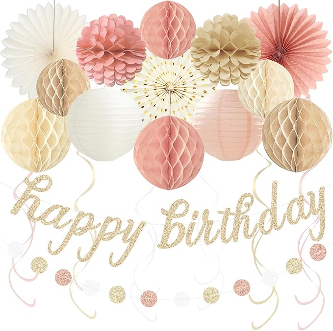 Boho Pink Happy Birthday Decorations for Women Girls, Pre-Strung Happy Birthday Banner with Honeycomb Balls, Paper Flowers, Lanterns, Fans, Hanging Swirls, Circle Dots Garland for Party 24pcs