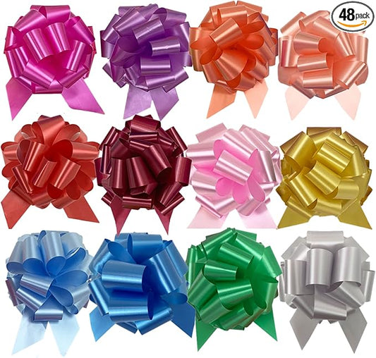 UNIQOOO 48Pcs 12 Color Christmas Gift Pull Bows, Large 6 Inch Assorted Christmas Bows for Gift Basket Bag Box Wrapping Decor, Valentine's Day, Birthday, Anniversary, Wedding, Florist Packaging