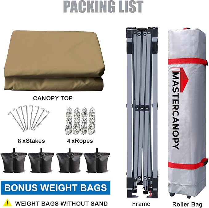 MASTERCANOPY Durable Pop-up Canopy Tent with Roller Bag (8x8, Khaki)