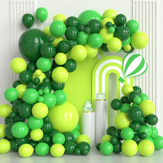 Green Balloons Garland Kit, 98pcs Green Balloon Difference Sizes Latex Balloons with 16ft Tape Strip & Dot Glue for Birthday Baby Shower Jungle Safari St. Patrick's Day Decoration