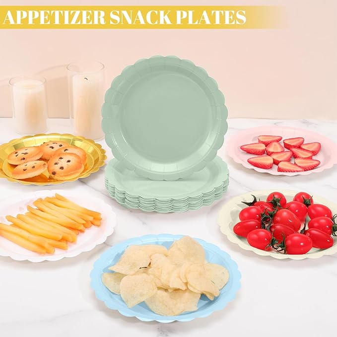 NatNarr 30 Pcs Dessert Plates Disposable, 7 Inch Ivory Paper Plates Scalloped Small Cake Appetizer Birthday Plate Cream Party Plate for Wedding, Baby Bridal Shower