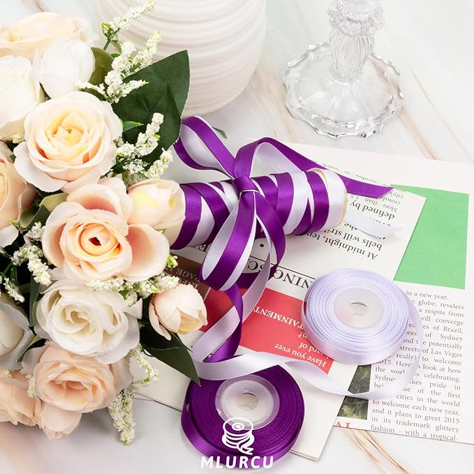 Purple Ribbon Thin 3/8 Inch x 60Yds Assorted Lavender/Violet/Lilac Double Faced Satin Ribbons for Flower Bouquet, Gift Wrapping, Wedding Invitation, Bridal Shower, Baby Shower, Hair Bows, Crafts