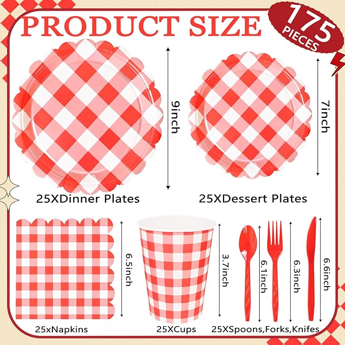 175 Pcs Red Scalloped Gingham Party Supplies for 25 Guests, Red and White Checkered Paper Plates, Cups and Napkins Sets for Baby & Bridal Shower, Wedding, Birthday Party, Outdoor Picnic