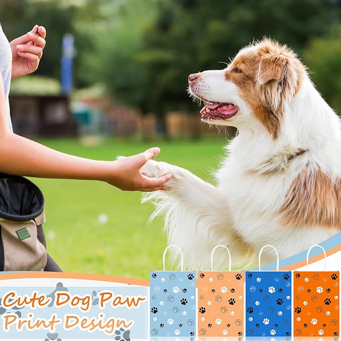 Kolldenn 24 Pcs Small Dog Party Favors Puppy Paw Print Gift Bags with Handles Small Gift Paper Bags Puppy Print Treat Goodie Shopping Handbags for Dog Birthday Party Favor Supplies