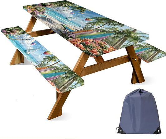 ANNA QUEEN Hot Air Balloon Summer Flower Picnic Table Cover 6FT with Bench Covers Picnic Table Cover Set 3PCS 72"x30", Outdoor Bench and Tablecloth Furniture Protection