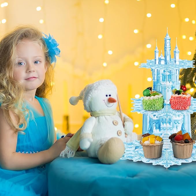 Zopeal 3 Tier Snowflake Cupcake Stand Party Decorations Snowflake Cupcake Stand Cake Holder Winter Snow Themed Cake Holder Winter Dessert Stand for Girls Kids Winter Birthday Party Supplies