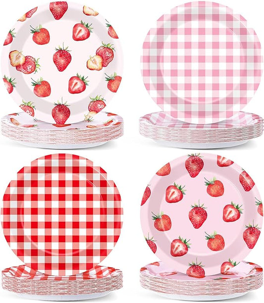 48Pcs Strawberry Paper Plates 7'' for Berry First Birthday Party Supplies Red Pink Checkered Strawberry Disposable Dessert Dinner Plates Tableware for Summer Berry Baby Shower Birthday Decoration