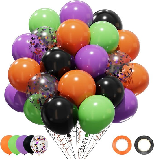 Patimate Halloween Decorations Balloons Set, 50 pcs 12 inch Purple Green Orange Black Confetti Latex Balloons Kit for Halloween Baby Shower Birthday Bachelorette Trick or Treat Party Supplies