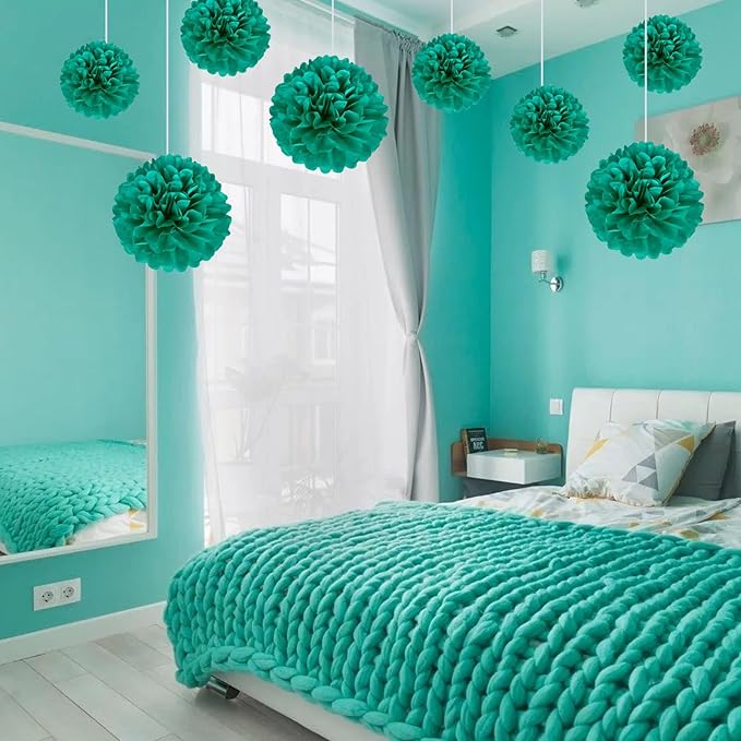 20 PCS Blue Green Tissue Paper Pom Poms, Tissue Pom Poms Flowers, Sizes of 6", 10", 12", 14" Hanging Paper Flower Ball for Wedding, Birthday, Halloween, Christmas, Baby Shower Party Decor