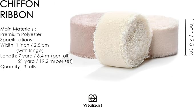 Vitalizart Chiffon Silk Ribbon 1" x 21 Yd Nude & White Fringe Fabric Package (3 Rolls * 7 Yd) for Wedding Invitations Bridal Bouquets Decorations Gifts Wrapping & Bow Making