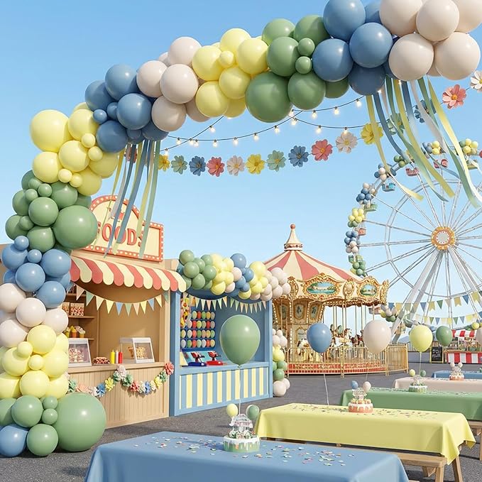 RUBFAC Sage Green Dusty Blue Yellow Balloons, Party Balloon Pastel Yellow for Theme Baby Shower Decorations Birthday Wedding Party Supplies, 65pcs 12 Inches