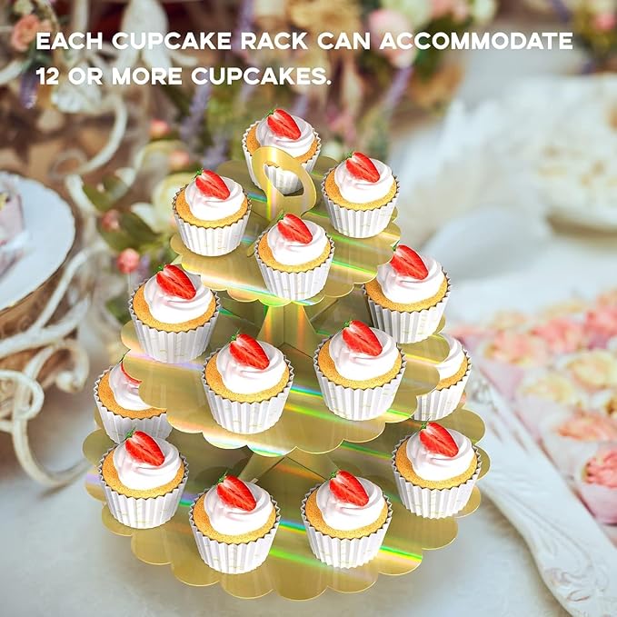 3-Tier Cupcake Stand,Rainbow Gold Cupcake Tower,Tiered Cardboard Dessert Cake Holder Decoration for Birthday Party Weddings Baby Showers (1 Pack) ﻿ ﻿ ﻿ ﻿