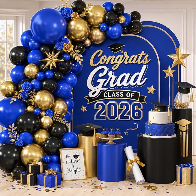 Black Blue Balloon Arch Kit, Black and Dark Blue Balloon Garland with Gold Latex Balloons, Black Blue Gold Balloon Arch Garland for Birthday, Baby Shower, Wedding, Anniversary Party Decorations