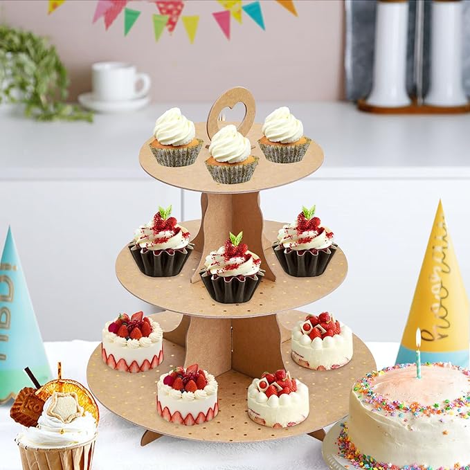 Soleebee 3-Tier Round Cupcake Stand, Cardboard Cupcake Tower, Dessert Cup Cake Stand Tower for Birthday Wedding Party Decoration, Cupcake Tier Stand 2 Set (Brown Golden Dot)