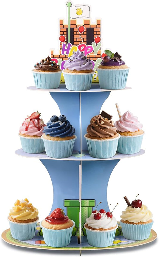 Foneso Cupcake Stand, Large 3-Tier Party Cupcake Holder Tray Dessert Tower for Kids Birthday Party Game Themed Party Favors Supplies Decoration