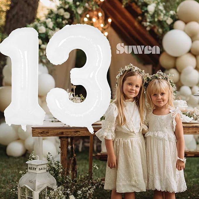 SUWEN 40 Inch White Large 13 Number Balloons Big Foil Helium Number Balloons 0-9 Giant Jumbo Happy 13th Birthday Party Decorations for Boy or Girl Huge Mylar 31 Anniversary Party Supplies