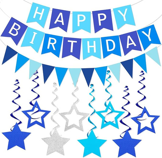 Blue Birthday Party Decorations, Happy Birthday Banner Triangle Flag Bunting Banner Garland 8PCS Glitter Star Hanging Swirls Streamers Birthdays Banner Sign Boys Girls Women Men Blue Party Supplies