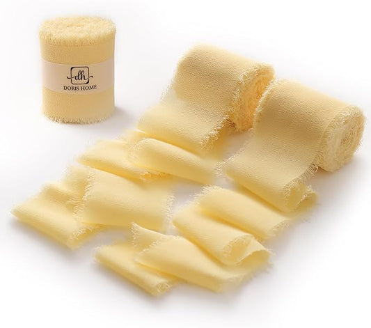DORIS HOME Yellow Chiffon Ribbon for Flower Bouquet, 2" x21Yd Fabric Ribbon for Gift Wrapping, Handmade Frayed Ribbon for Wedding/Christmas Decorations