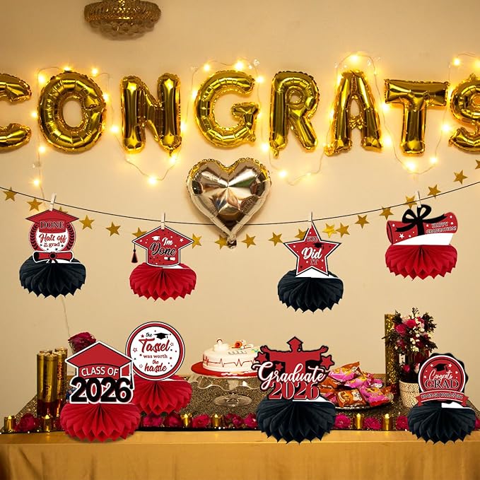 8PCS Graduation Decorations 2026, Class of 2026 Congrats Grad Table Centerpieces Congratulate Graduation Honeycomb Table Toppers for Graduation Party Supplies (Red Black)