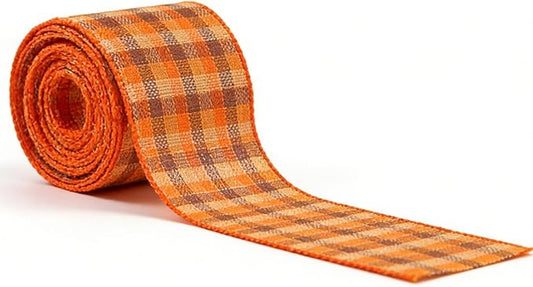 Meseey1.5 Inch x 10 Yards Orange Brown Beige Buffalo Check Wired Ribbon, Fall Burlap Wired Edge Ribbon for Wreaths, Bows, Gift Wrapping, Thanksgiving & Halloween Decor
