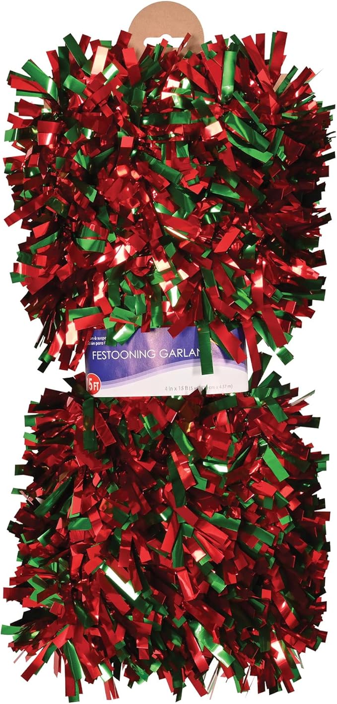 Beistle Metallic Festooning Garland Christmas Party Supplies, Hanging Decorations, 4" x 15', Red/Green