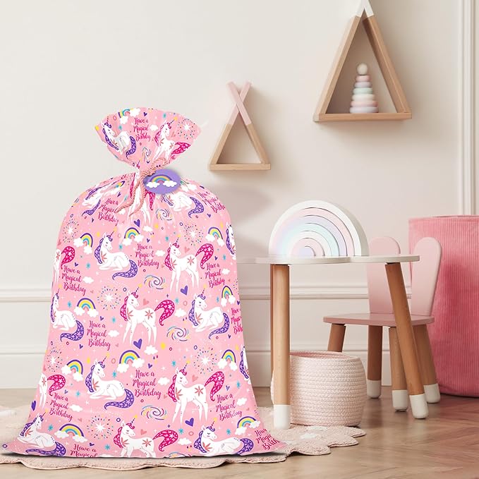 WRAPAHOLIC 56" Extra Large Pink Unicorn Birthday Gift Bag - Have a Magical Birthday Jumbo Bike Bag Gift Wrap for Girls, Baby Shower, Party, Holiday - 56" H x 36" W