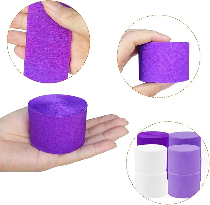 PheiLa 4 Rolls Crepe Paper Streamers Purple and White Paper Party Streamers for DIY Gift Wrapping Wedding Engagement Birthday Lavender Party Home Decoration, 1.77 Inch x 82 Ft/Roll, 328ft