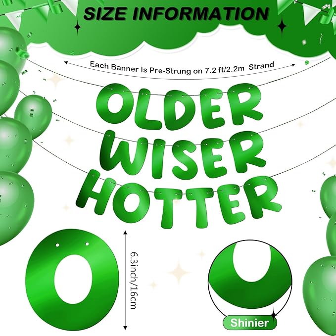 Fulmoon Set of 3 Pre Strung Older Wiser Hotter Glitter Banner Funny Birthday Banner for Women 30th 40th 50th 60th 70th 80th Birthday Party Decorations Sign Gift(Bright Green)