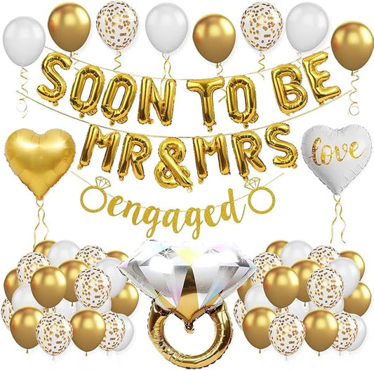 Soon To Be Mr & Mrs Balloon Banner for Engagement Party Decorations, Gold Letter Balloon with Heart Balloons Ring Balloons for Gold Wedding Rehearsal Bridal Shower Bachelorette Party Decor Supplies