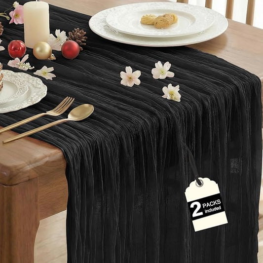 IVAPUPU 2 Pcs Cheesecloth Table Runner - 10ft Black Spring Boho Gauze Black Cheese Cloth Table Runners for Indoor Baby Shower Decorations Wedding Party Garden Decor